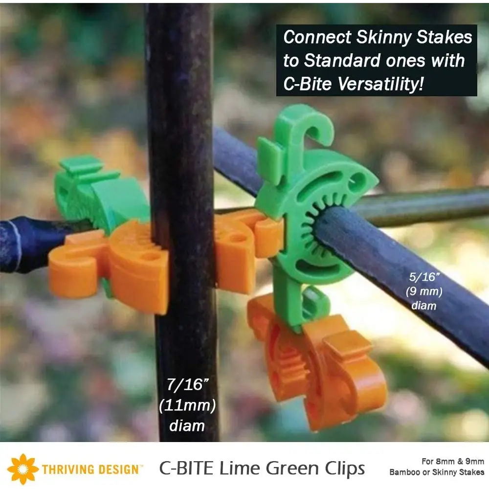 C-BITE Garden Plant Stake Clips - 50/50 Assortment for 7/16 and 5/16 garden stakes (Tangerine and Lime) 100pcs