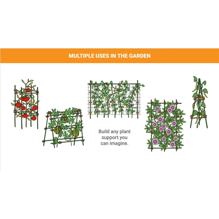 Green wooden plant trellis with vertical and horizontal slats supporting tomatoes and flowers in incognito c-bites stake collection