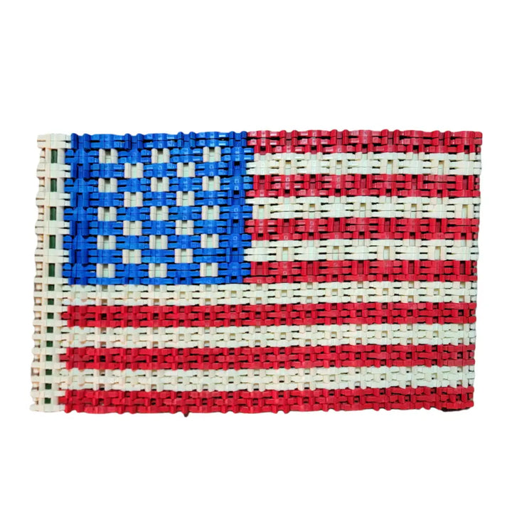 A woven american flag made from red white and blue lego bricks in the c-bite garden stake expansion pack for stake collection