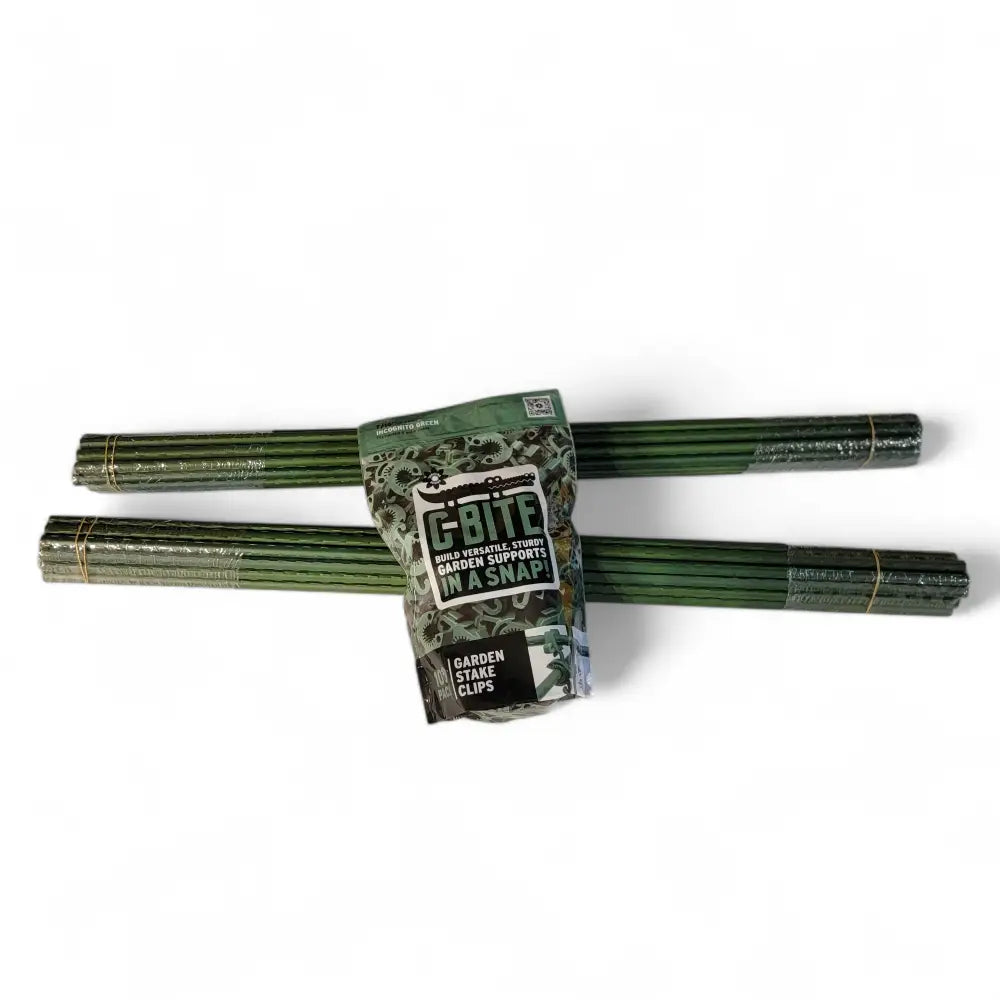 Bundles of green garden stakes with a bag of incognito c-bites clips for easy stake collection expansion