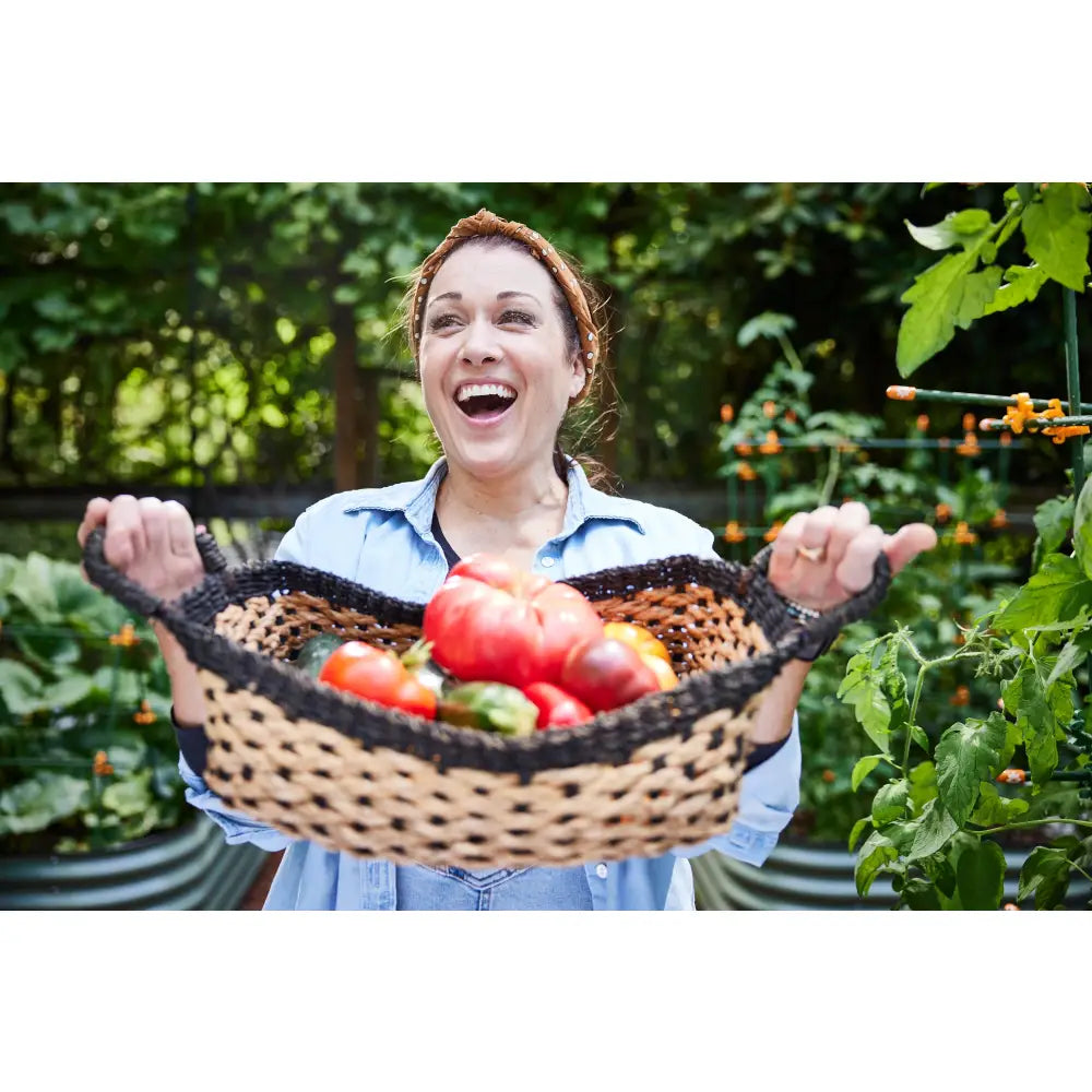 A woven wicker basket with dark brown handles filled with fresh tomatoes for incognito c-bites green garden stakes