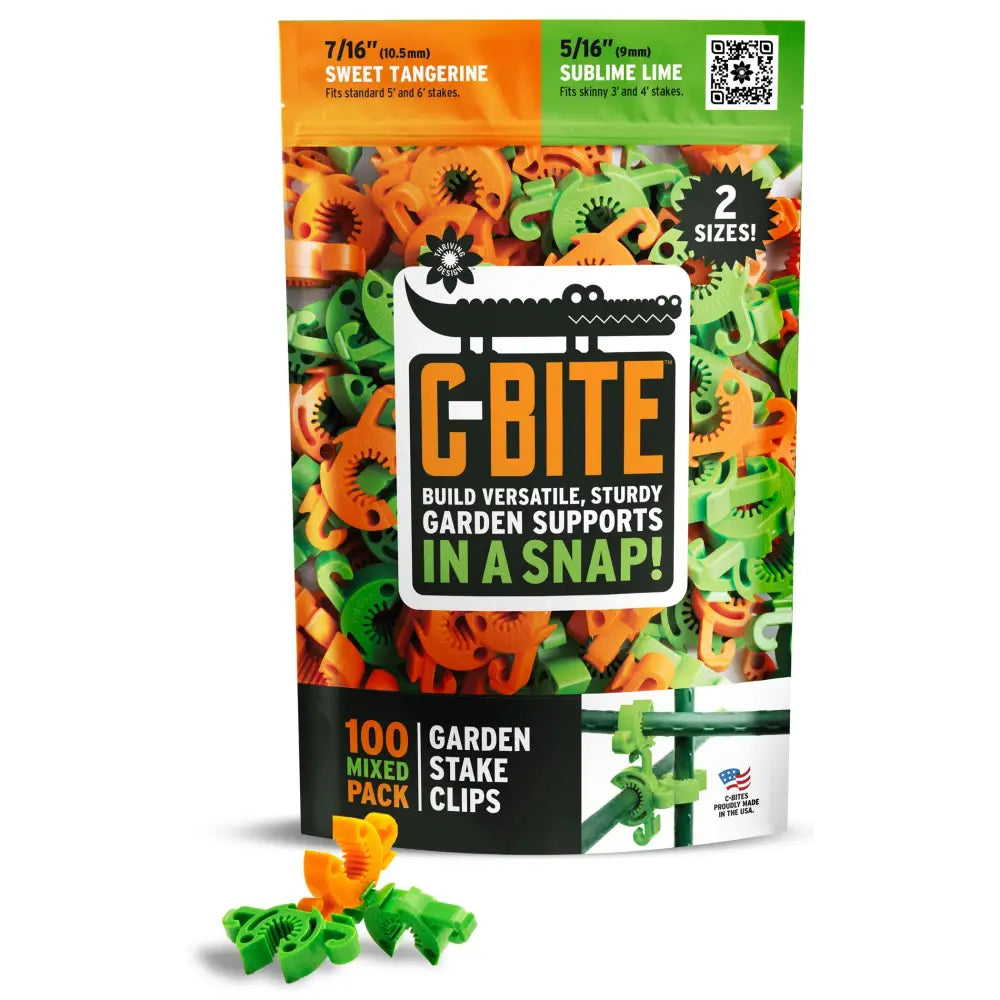 C-Bite green flexible plant support clips in orange and green plastic for 7/16 inch garden stakes