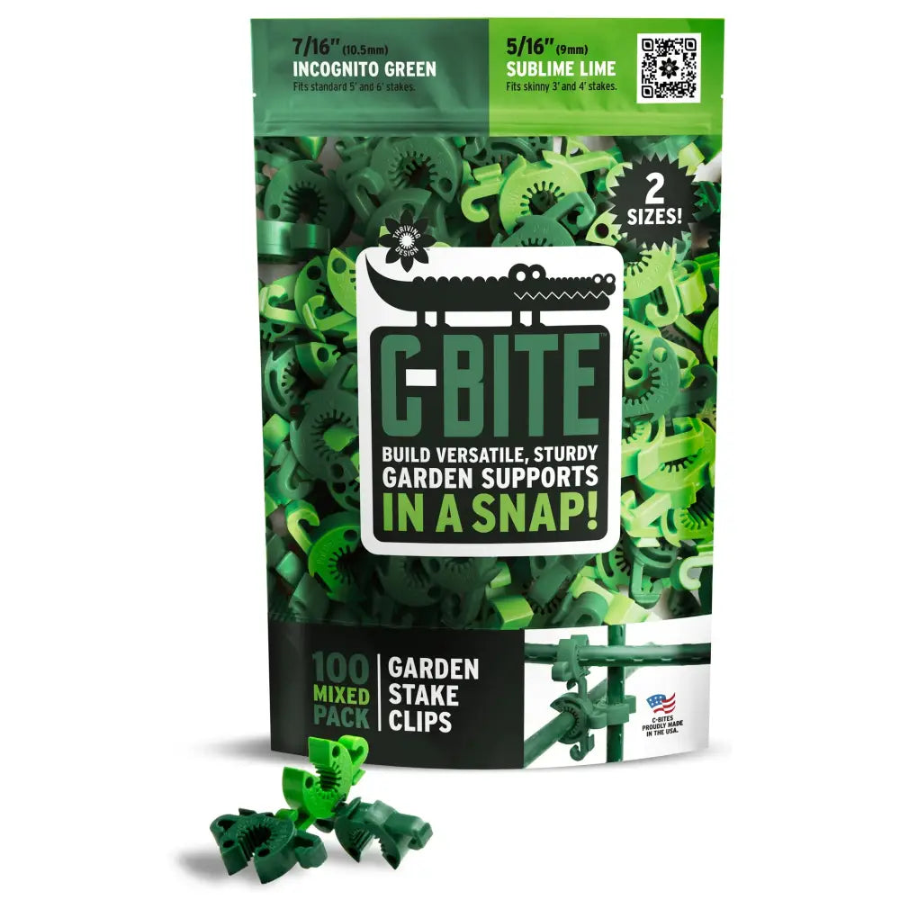 C-bite green plastic plant stake clips in a 100-piece pack for flexible plant support with 7/16 inch garden stakes