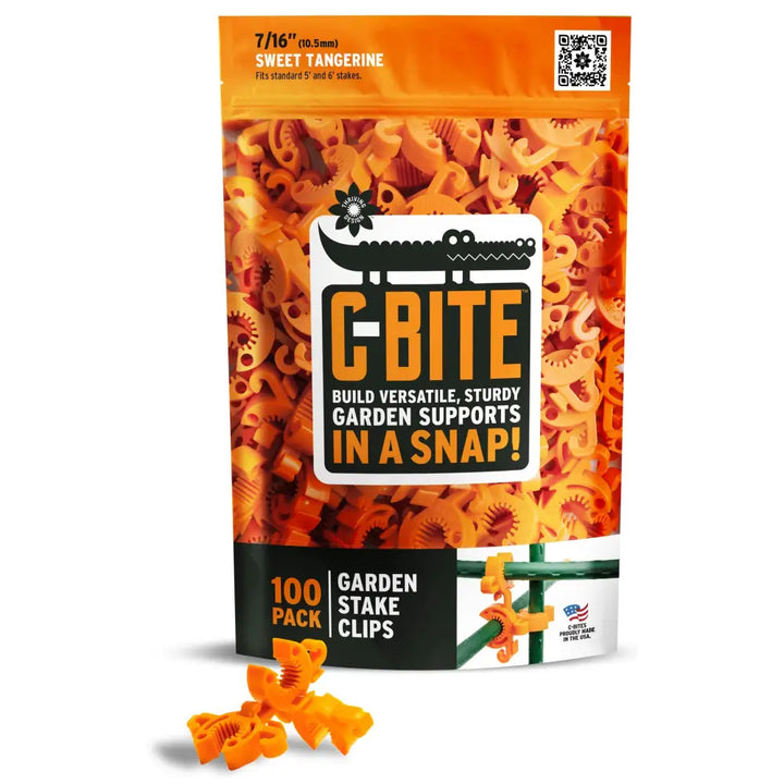 Orange plastic c-bite flexible plant support clips in a 100-pack bag for 7/16 inch garden stakes
