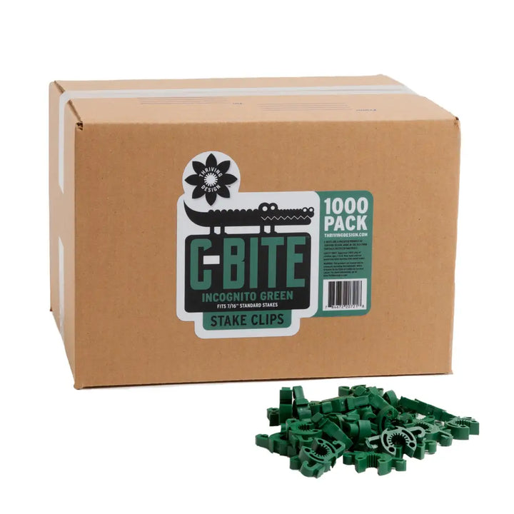 C-bite green plastic plant stake clips in a 1000-pack box for flexible plant support with 7/16 inch garden stakes