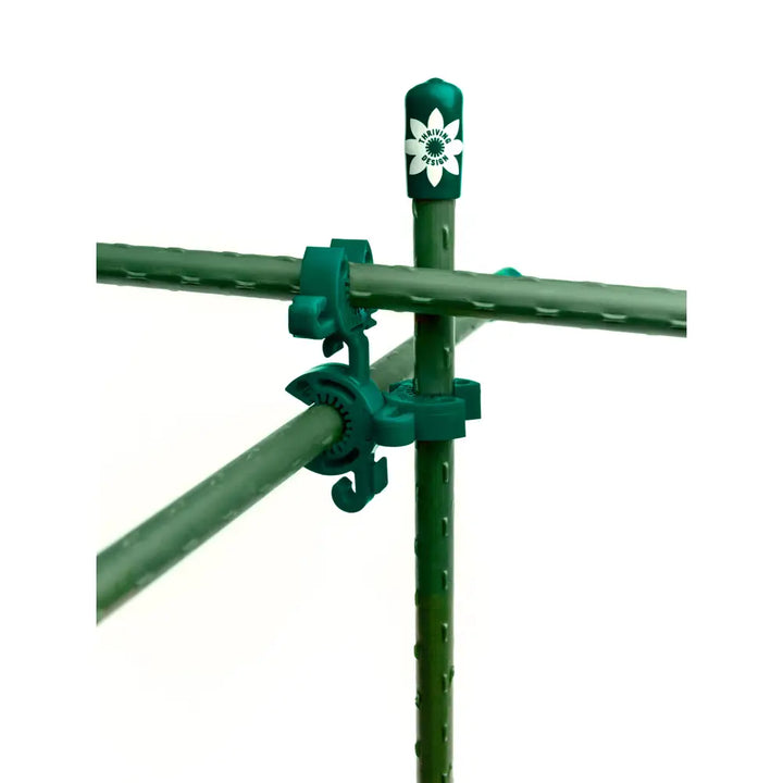 Green plastic garden stakes with white flower logo on top cap flexible plant support clips for 7 16 inch stakes