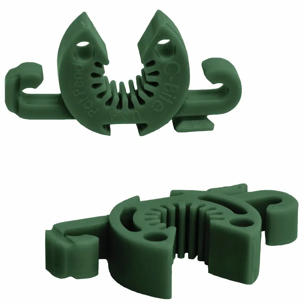 Dark green plastic c-bite flexible plant support clip with curved toothed design for 7/16 inch garden stakes