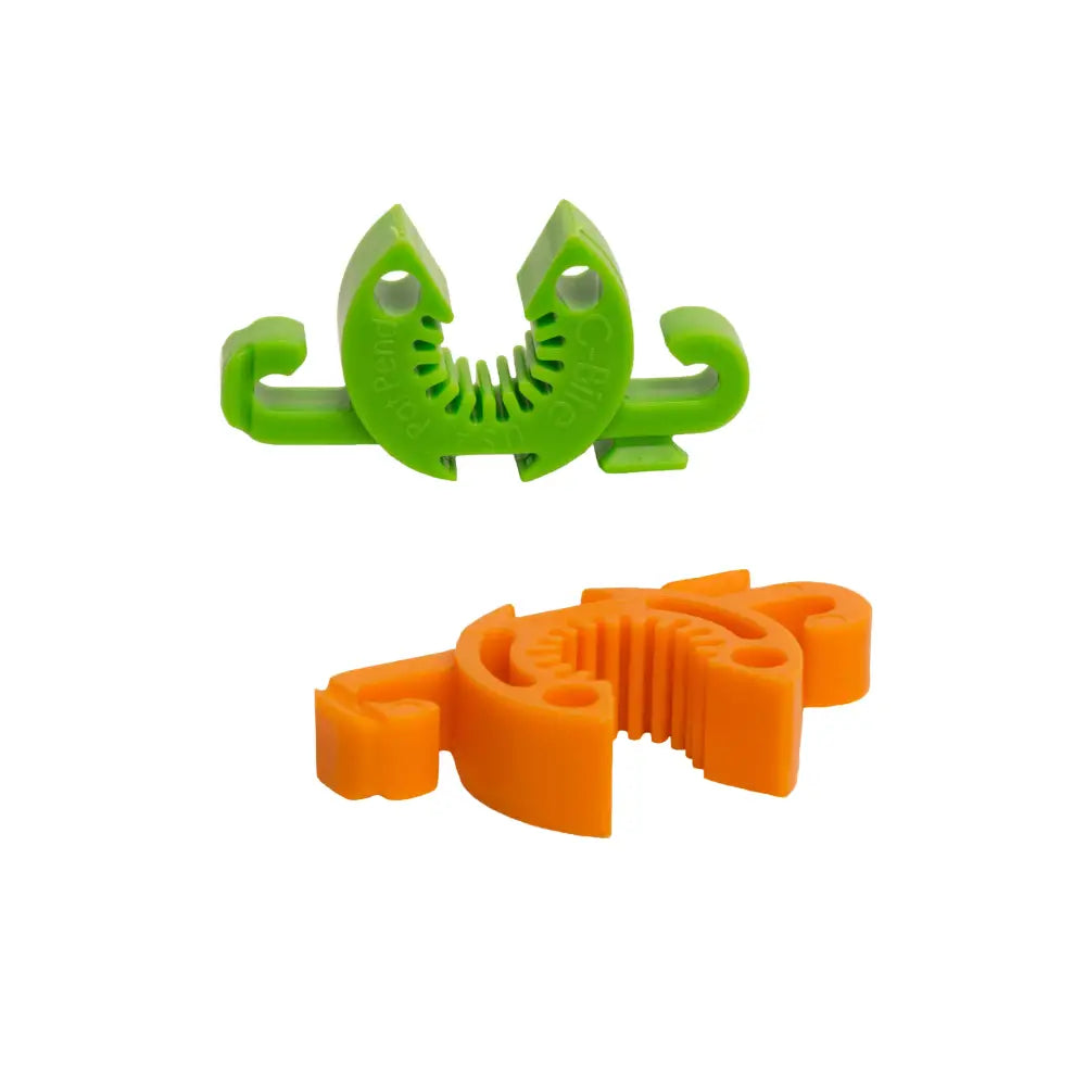 C-bite mixed pack plant clips in bright tangerine and lime plastic shaped like cartoon creatures for garden plant support