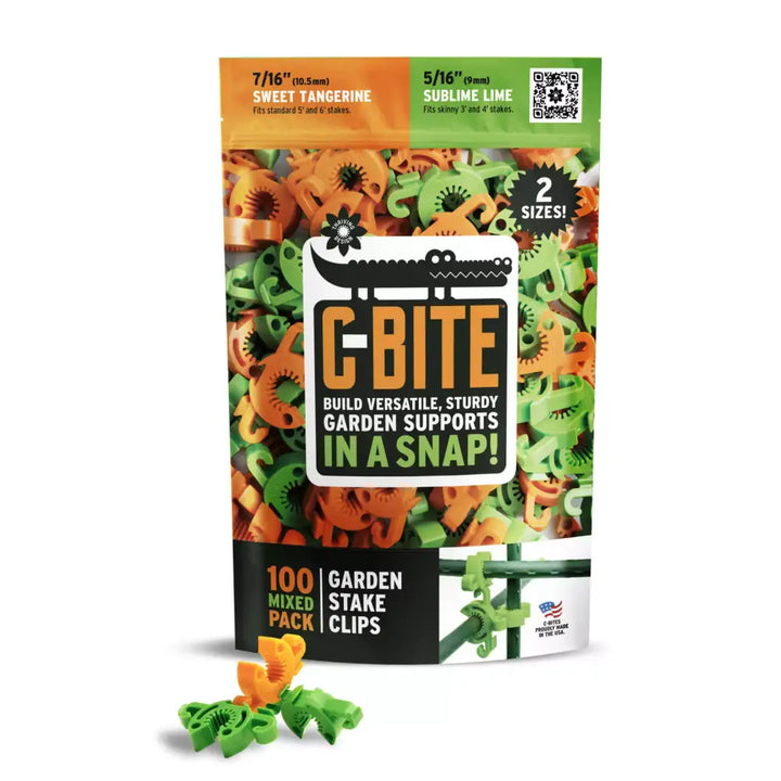 C-bite mixed pack plant clips in tangerine and lime green with two sizes for garden plant support and staking