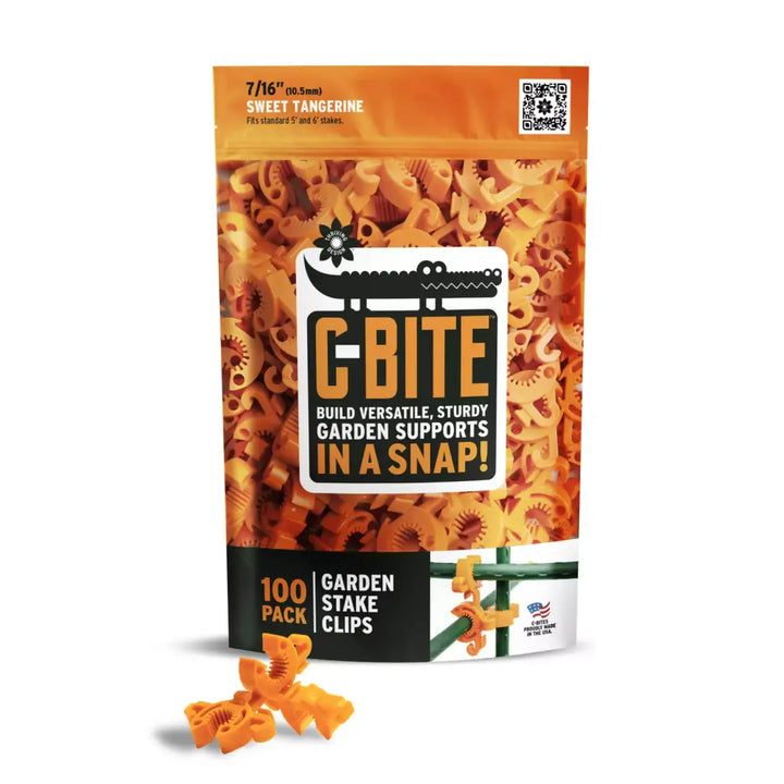 A resealable bag of orange C-Bite plant support clips for 7/16 inch garden stakes