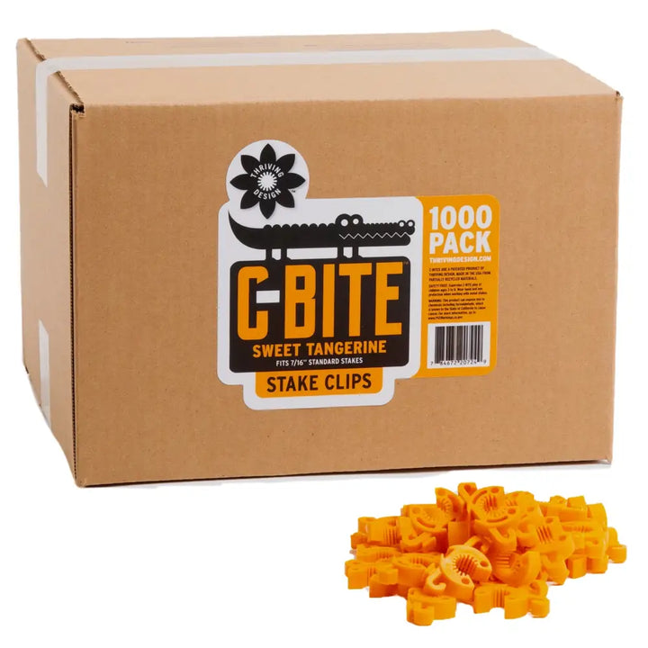 Orange c-bite plant support clips shaped like cartoon crocodiles for 7/16 inch garden stakes in a 1000-pack box