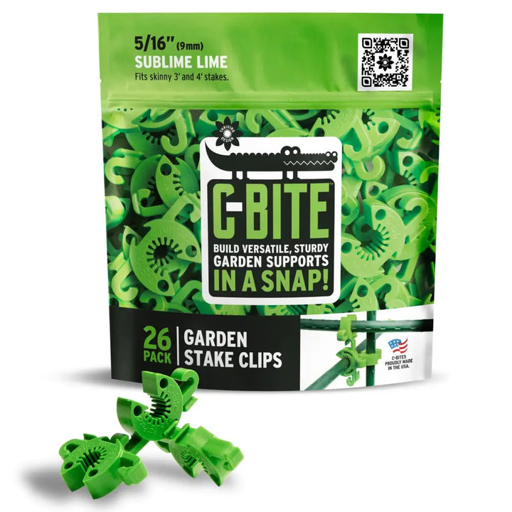 Bright green plastic garden stake clips in a 26 pack for 5/16 inch stakes support tomato cages and gardening fences