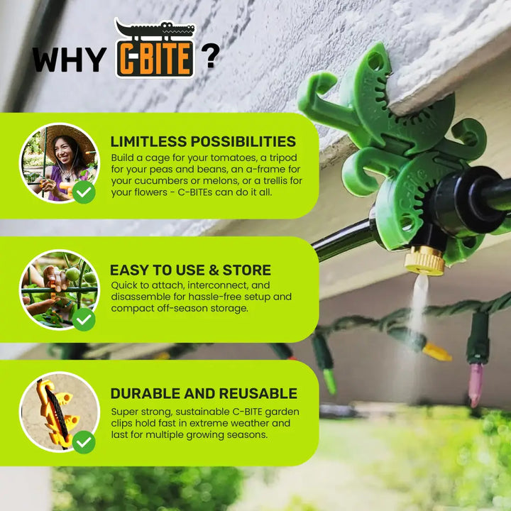 Green plastic c-bite skinny plant clip with black and brass metal parts attached to pipe for tomato cages and gardening fences