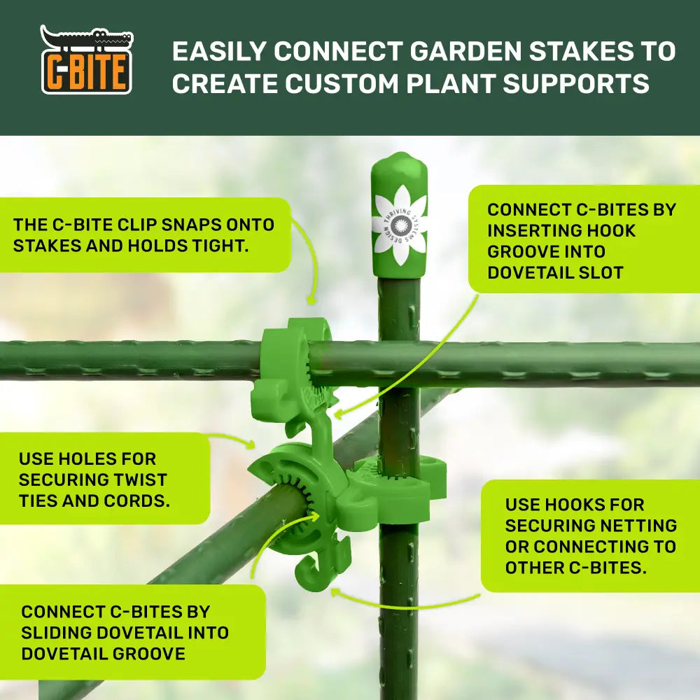 Green plastic c-bite garden stake clip with flower logo for securing tomato cages and gardening fences with 5/16 inch stakes
