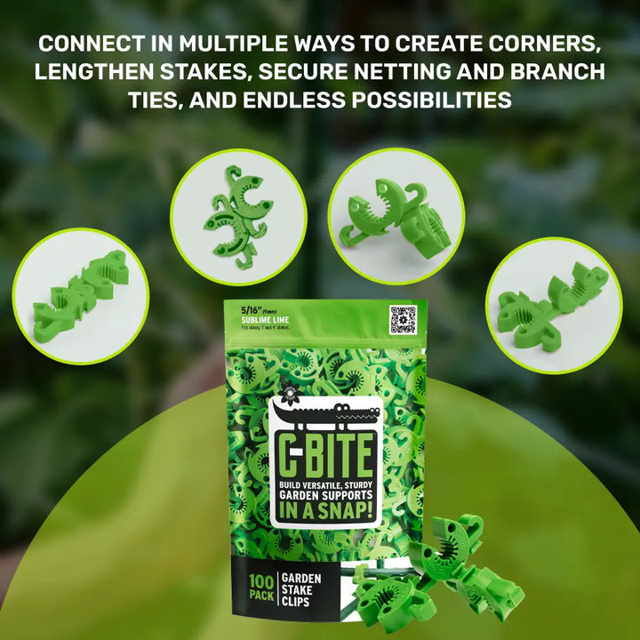 Green plastic c-bite skinny plant clips 5/16 inch stakes in 100-pack bag for tomato cages and gardening fences
