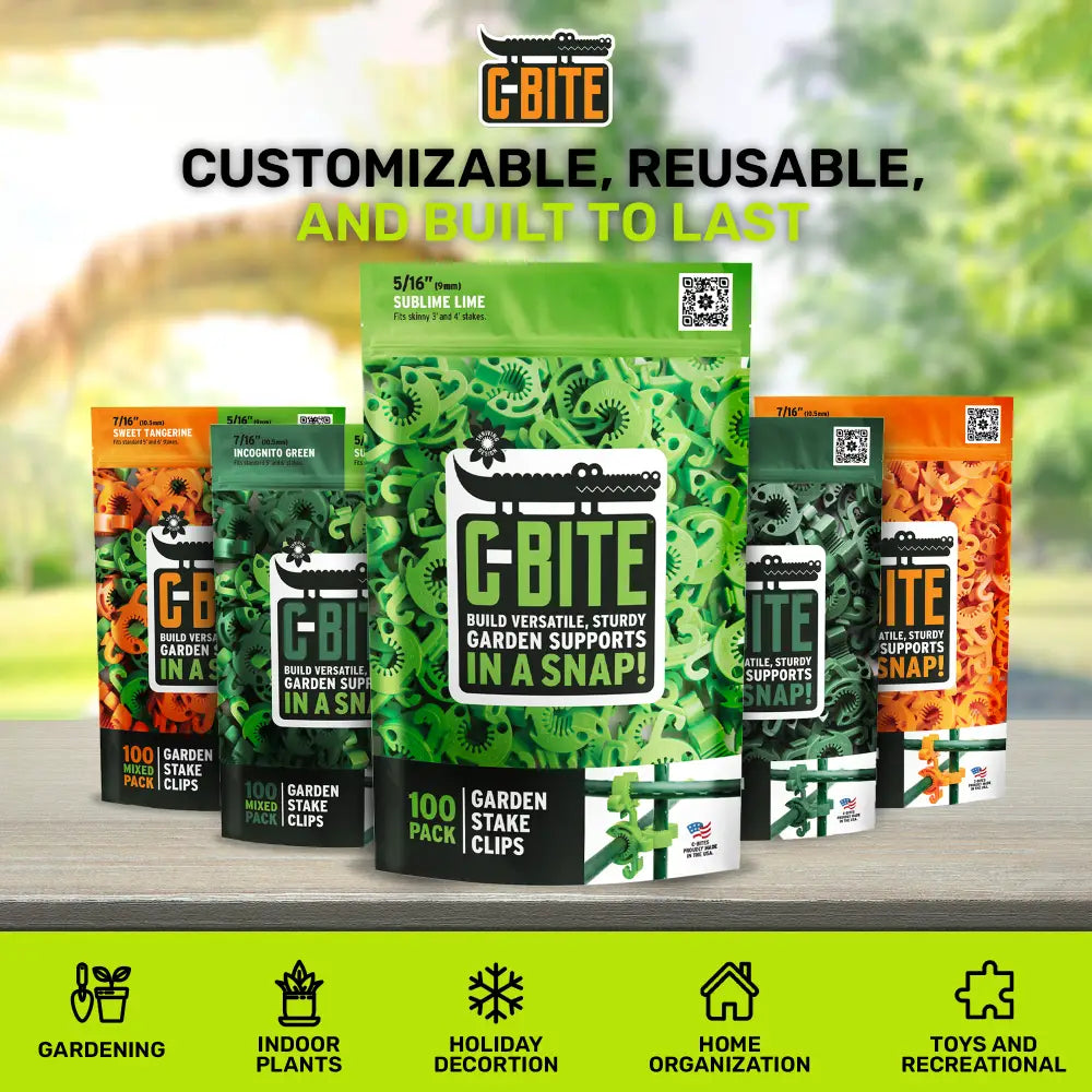 Green and black c-bite skinny plant clips in a resealable pouch with alligator logo for gardening fences and tomato cages