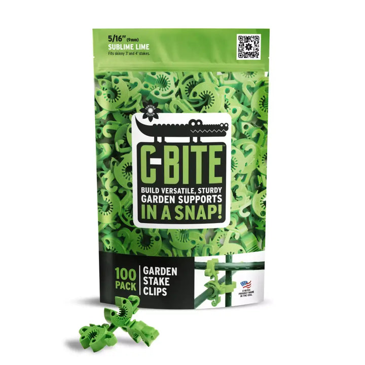 A bag of 100 green c-bite skinny plant clips for 5/16 inch stakes ideal for gardening fences and tomato cages