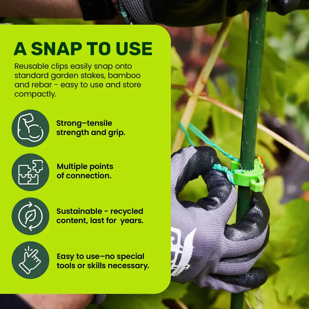 Green plastic c-bite skinny plant clip with snap mechanism for securing plants to 5/16 inch stakes in gardening fences or tomato cages