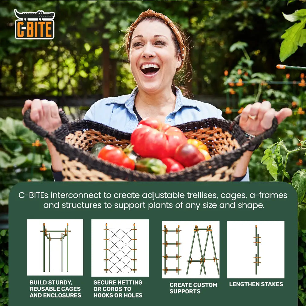 Black woven basket with sturdy handles filled with colorful tomatoes and peppers showcasing c-bite skinny plant clips for garden stake clip and tomato cages use