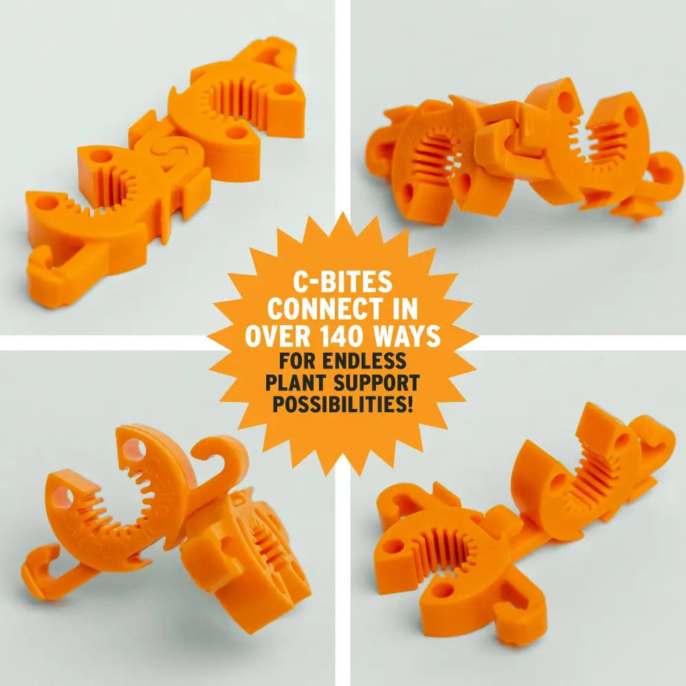 Bright orange plastic c-bite temporary landscape and event fencing clips with interlocking toothed jaws for garden stakes