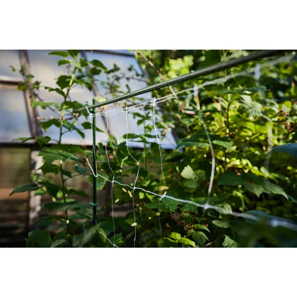 White mesh garden support netting with green garden stakes for temporary landscape and event fencing by c-bite