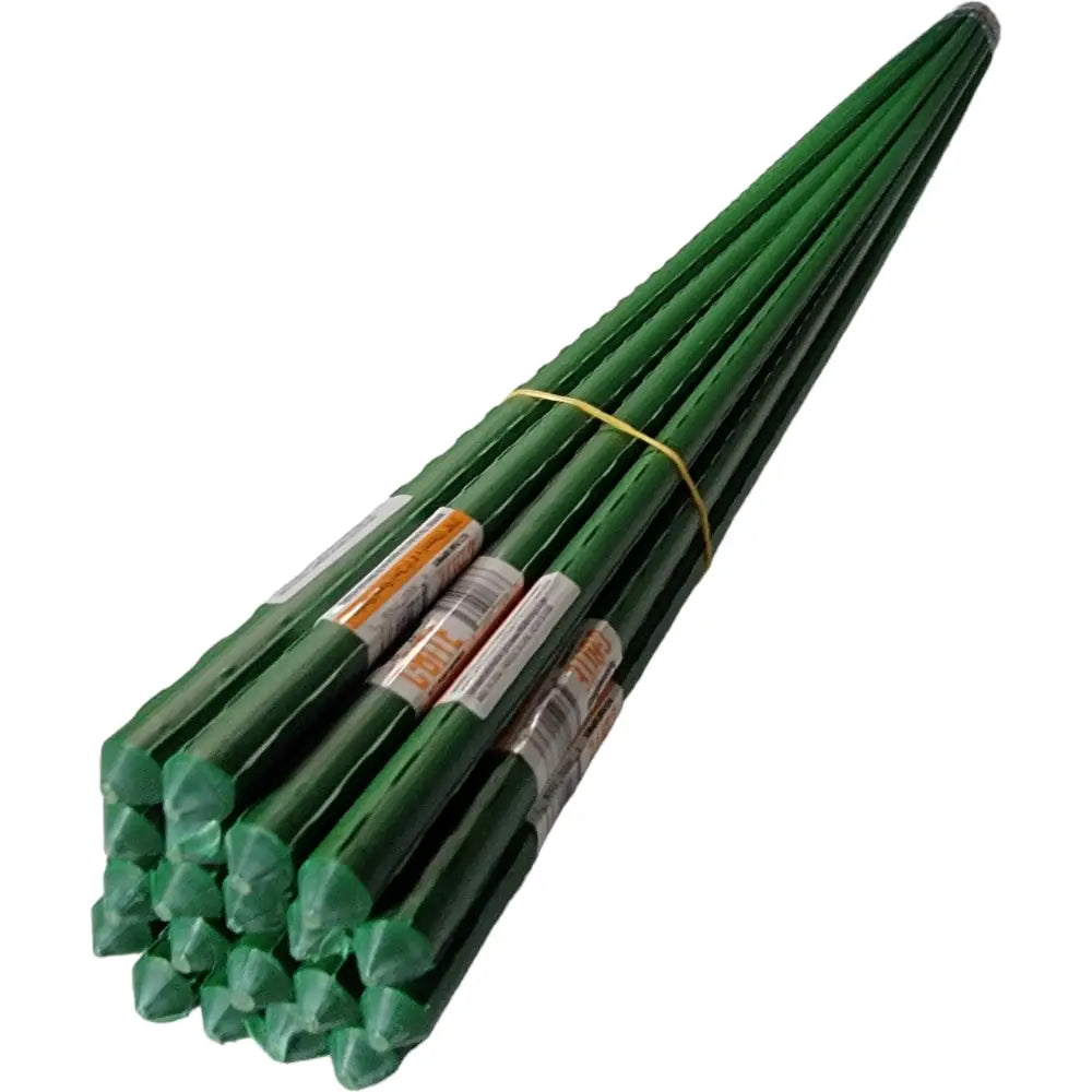 Green plastic garden stakes bundled with a yellow band for c-bite temporary landscape and event fencing kit