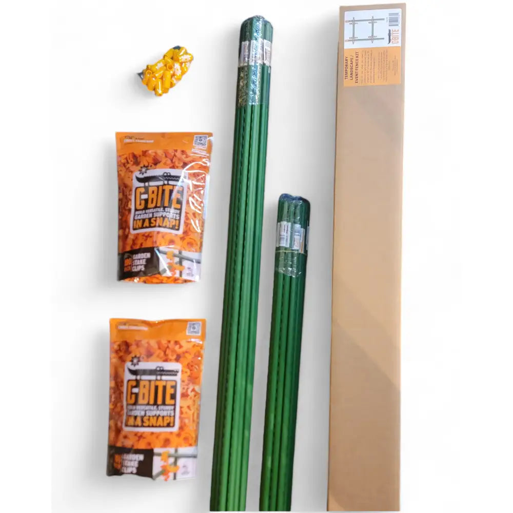 C-bite temporary landscape and event fencing kit with green garden stakes clips and frame for support