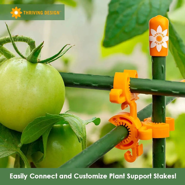 Orange plastic garden stake connector with white flower logo for c-bite temporary landscape and event fencing kit