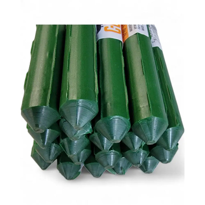 Green plastic garden stakes with pointed conical tips for c-bite temporary landscape and event fencing kit