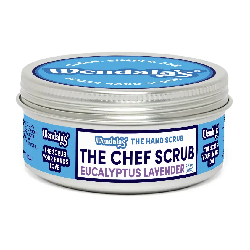 Wendalas chef scrub eucalyptus lavender in a silver tin with blue and white labeling made with essential oils and organic coconut