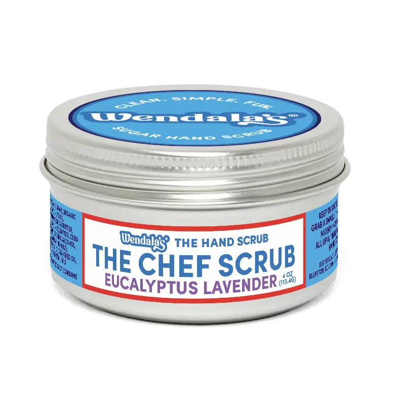 Wendalas chef scrub eucalyptus lavender hand scrub in a silver tin with blue and red labeling featuring essential oils and organic coconut