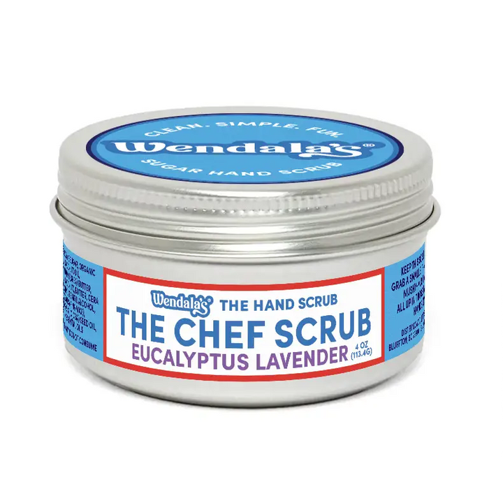 Wendalas chef scrub eucalyptus lavender hand scrub in a silver tin with blue and red labeling featuring essential oils and organic coconut