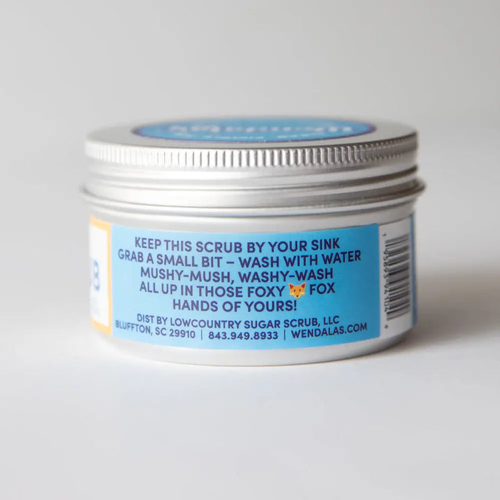 A silver tin of wendalas chef scrub eucalyptus lavender sugar scrub with essential oils and organic coconut ingredients