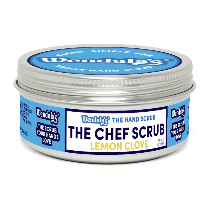 Wendalas lemon clove hand scrub in a silver tin with blue and white labeling for lemon clove hand care