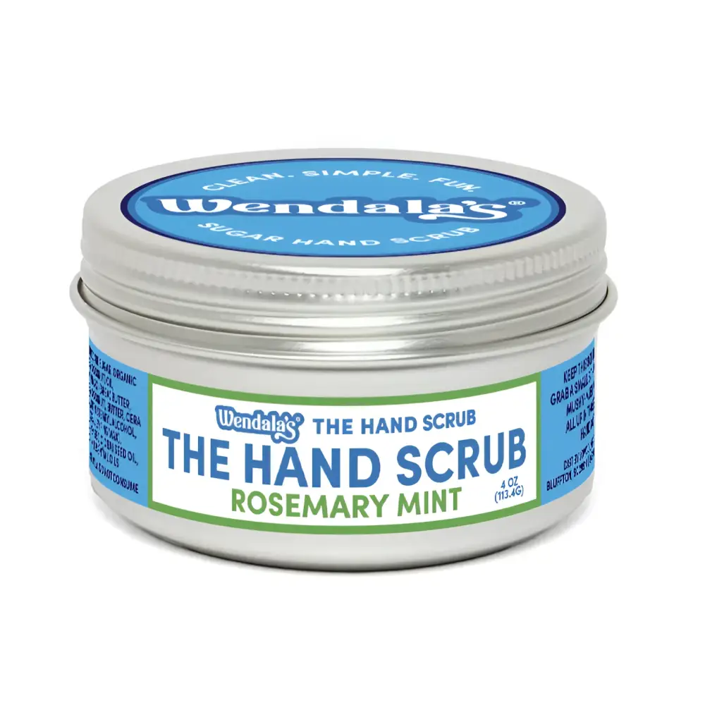 Wendalas rosemary mint hand scrub in a silver tin with blue and green labeling for refreshing skin exfoliation