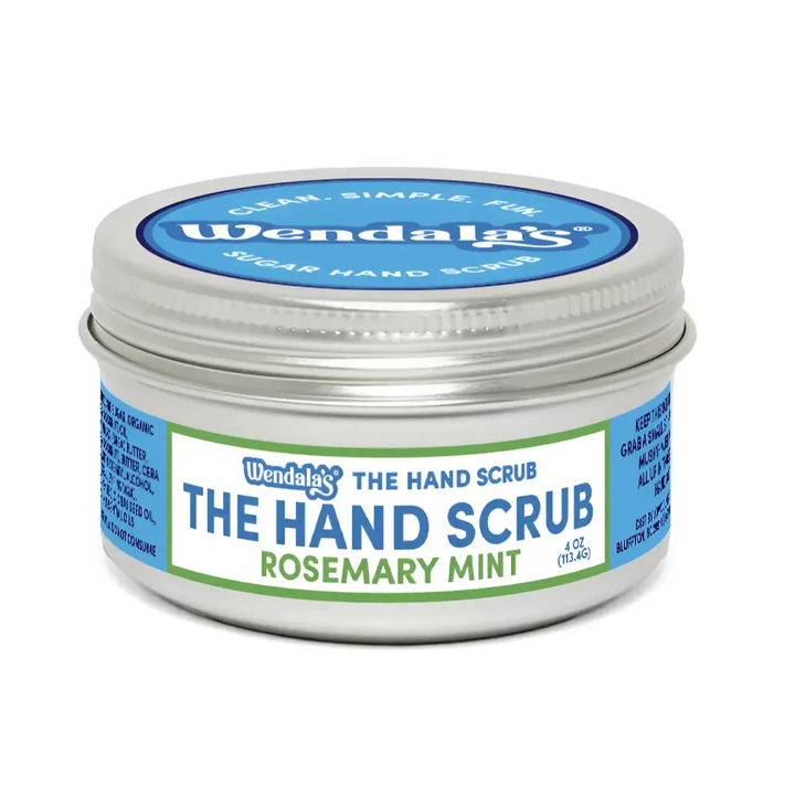 Wendalas rosemary mint hand scrub in a silver tin with blue and green labeling for refreshing skin exfoliation