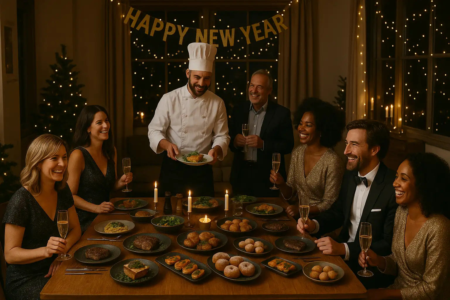 A chef in a white uniform and tall hat presents a plated dish to guests at a festive new year’s dinner table.