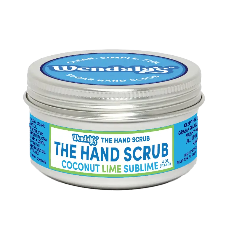 Wendala’s®️ coconut lime sublime hand scrub in a silver tin with blue and green labeling for add water use in coastal hand scrubs bundle