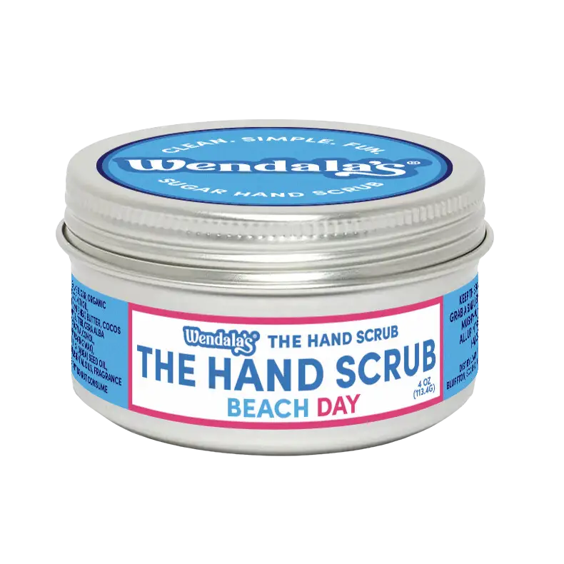 Wendalas®️ hand scrubs sugar hand scrub in silver tin with blue and pink label for coastal hand scrub bundle add water use