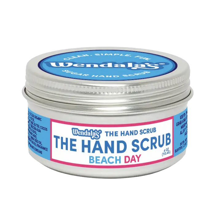 Wendalas®️ hand scrubs sugar hand scrub in silver tin with blue and pink label for coastal hand scrub bundle add water use