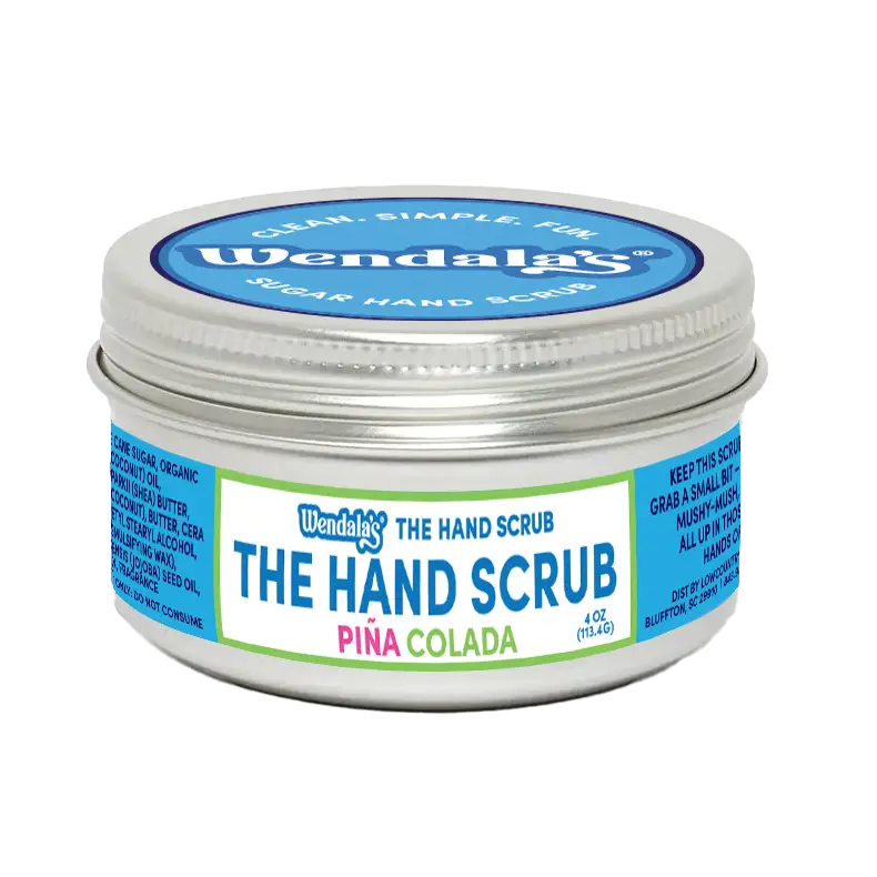 Wendalas piña colada hand scrub in silver tin with blue green label from coastal hand scrub bundle add water for use