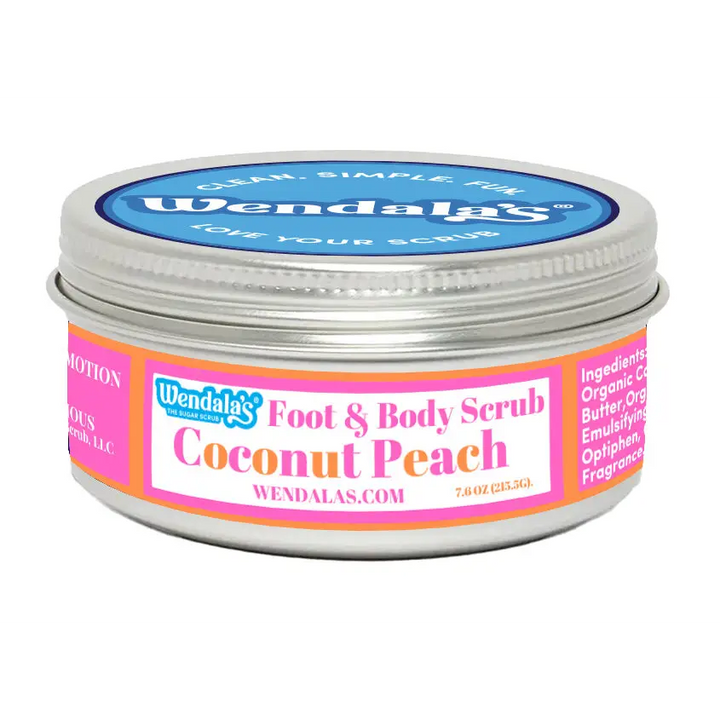 Wendalas coconut peach foot and body scrub in a silver tin with pink and orange labeling featuring organic coconut butter