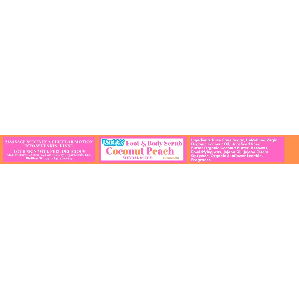 Pink rectangular label for wendale’s coconut peach foot and body scrub featuring organic coconut butter scent
