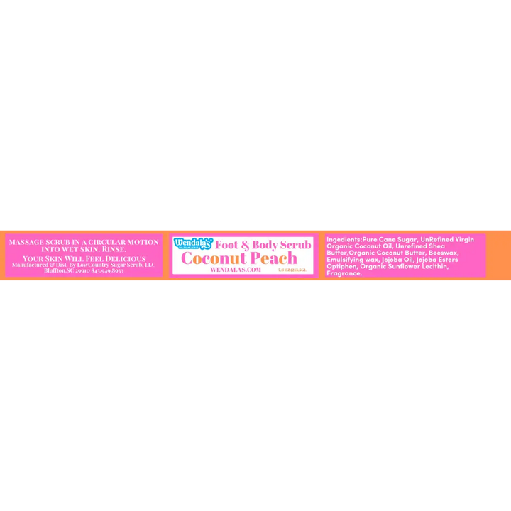 Pink rectangular label for wendale’s coconut peach foot and body scrub featuring organic coconut butter scent