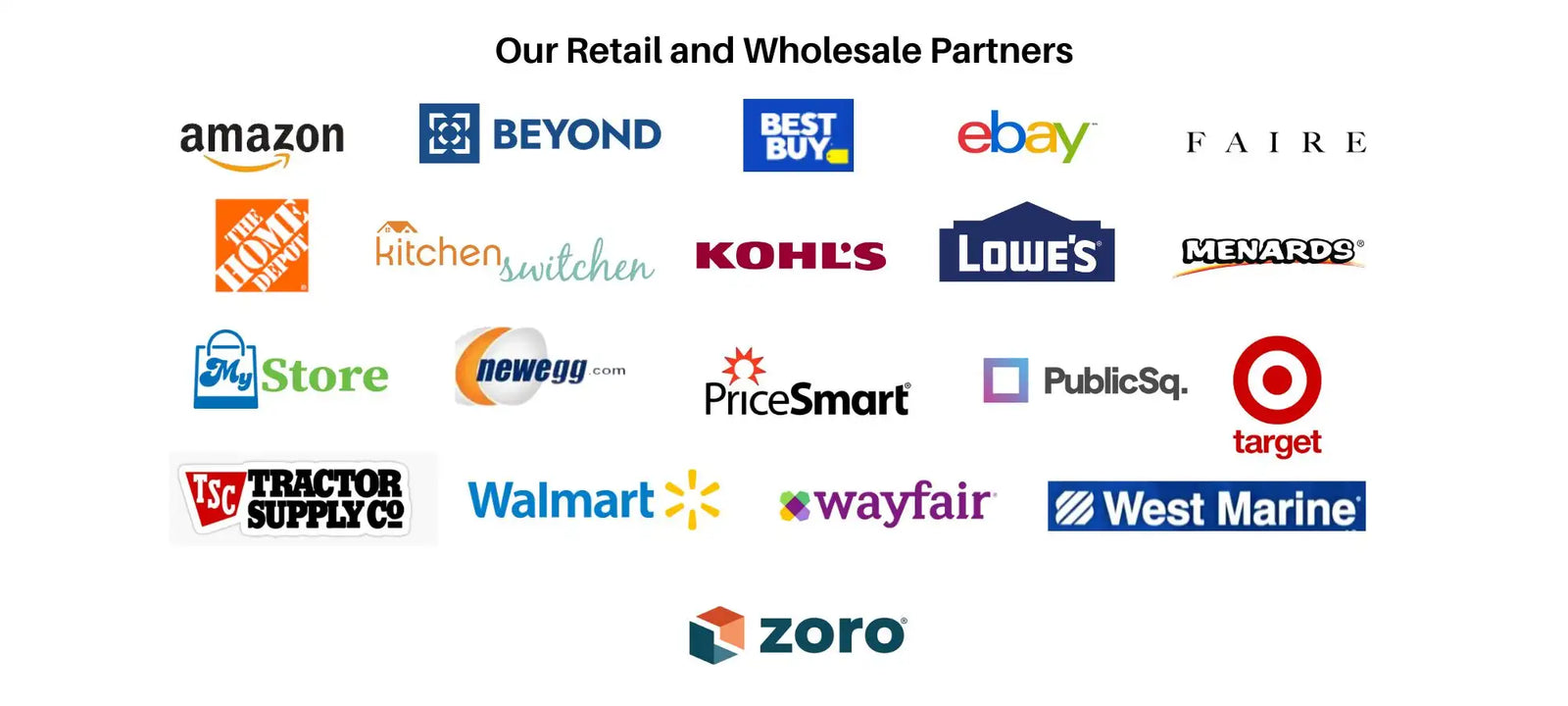 A collection of retail and wholesale partner logos including amazon, target, walmart, home depot, best buy, and others.