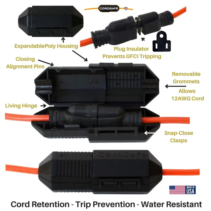 CordSafe PLUS black extension cord cover for outdoor use, prevents GFCI trips