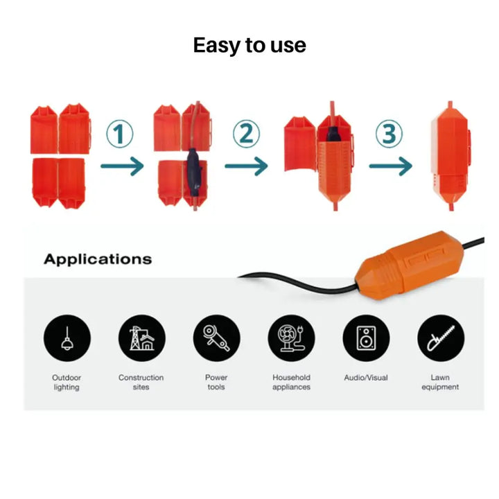 Orange plastic power tool adapter with black cord in CordSafe PLUS outdoor extension cord cover