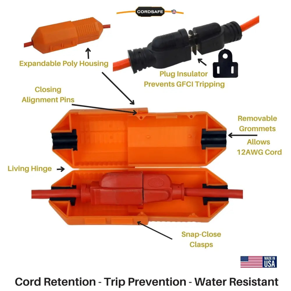 CordSafe PLUS Outdoor Extension Cord Safety Cover Weather Resistant Plug Protector for 12 18 AWG | Made in USA | FLI