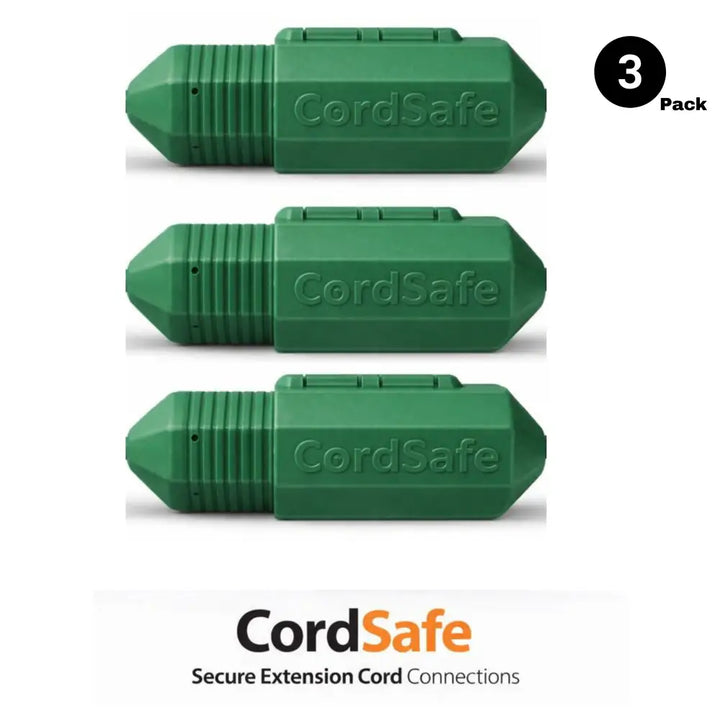 Green CordSafe PLUS weatherproof outdoor extension cord cover with ribbed texture and hexagonal safety extension cord seal