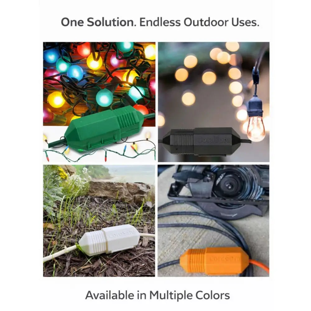 Green weatherproof outdoor extension cord cover cordsafe PLUS with water resistant cord lock for string lights